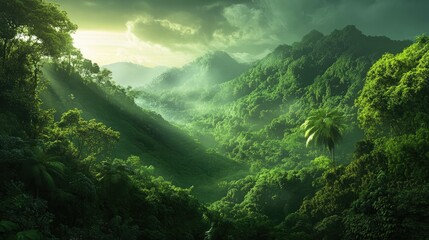 Dense green rainforest stretches across rolling hills and valleys, partially covered by morning mist and fog under a soft, diffused daylight. Generative by AI