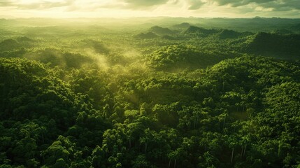 Dense green rainforest stretches across rolling hills and valleys, partially covered by morning mist and fog under a soft, diffused daylight. Generative by AI