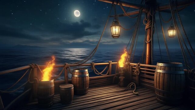 Historic wooden ship deck sailing at night under a full moon with burning barrels and illuminated lanterns on the ocean.