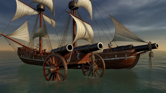 Majestic fantasy pirate galleon armed with powerful cannons and large wheels sailing on a dramatic ocean at dusk.