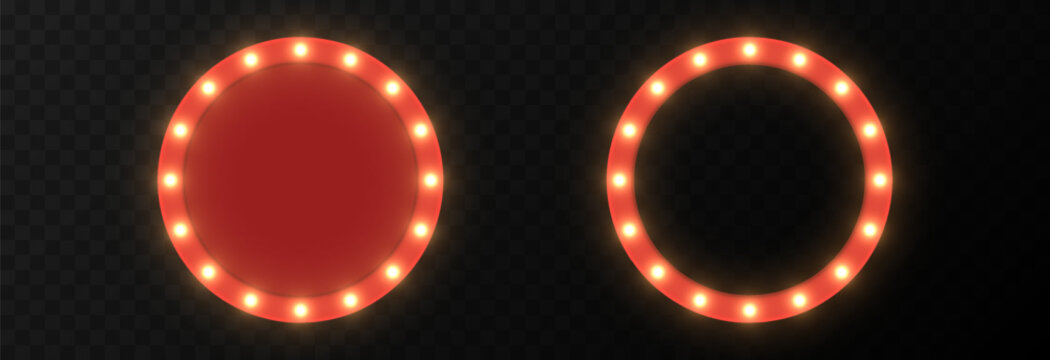 A set of red illuminated round retro signs. Retro sign or frame with PNG lights.