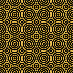 Black and gold concentric circles seamless pattern. Shiny background for Christmas or New Year designs. Golden abstract vector illustration.