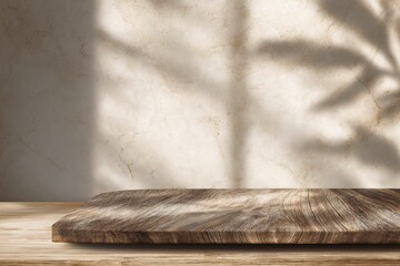 Wooden tabletop against a marbled wall with leaf shadows