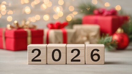 2026 Wooden Block Numbers with Christmas Gifts – Festive Minimal Holiday Concept 