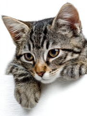 Obraz premium Curious Gaze: A captivating close-up of a domestic kitten, peering over a surface with an innocent expression, showcasing its striking tabby markings and expressive eyes. 