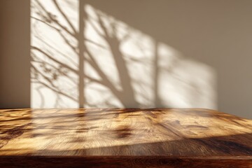 Wooden tabletop with tree shadow
