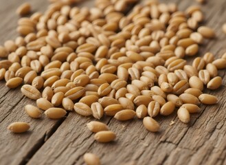 Fototapeta premium Wheat grains scattered on a rustic wooden board. Concept of healthy eating, agriculture, or baking ingredient. Natural gluten free food.