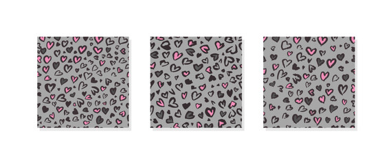 Set of 3 Valentine Leopard seamless patterns. Trendy animal print. Spotted cheetah fur heart shaped. Vector background for fabric, textile, wallpaper, wrapping paper, etc. © Vera