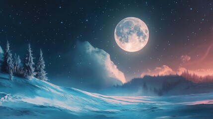 Snow-covered forest clearing at night under a full moon, with frost-covered trees and small bushes casting soft shadows on undisturbed snow, moonlight gently illuminating fog. Generative by AI