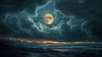 Full moon surrounded by thick dark clouds at night, opening in clouds reveals illuminated lunar surface with visible texture and contrast, creating a moody atmospheric scene. Generative by AI