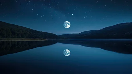 Fototapete Reflection Full moon reflected clearly in still lake under star-filled night sky, surrounded by dark mountains and shoreline, stars scattered above horizon line with fading twilight glow. Generative by AI  © Dmytro