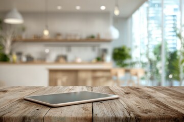 Digital tablet on a wooden table in a blurred modern kitchen