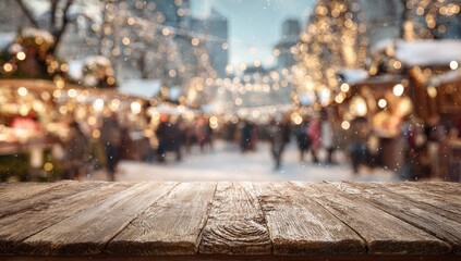 Fototapeta premium Rustic wooden table in front of a blurred, festive winter market scene