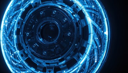 Inti teknologi biru dinamis dengan sirkuit bercahaya futuristik untuk proyek inovatif atau desain mutakhir yang membutuhkan peningkatan energi dan daya modern.
