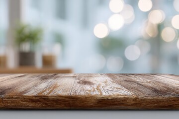 Wooden table top in front of blurred background