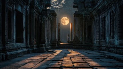 Full moon rises above ancient stone ruins with tall weathered columns casting long shadows on cracked stone pavement under dark, cloudy night sky. Generative by AI