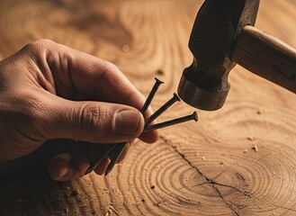 Close-up Of A Carpenter Hand Holding Metal Screws Near A Hammer Over A Wooden Surface With Wood Grains