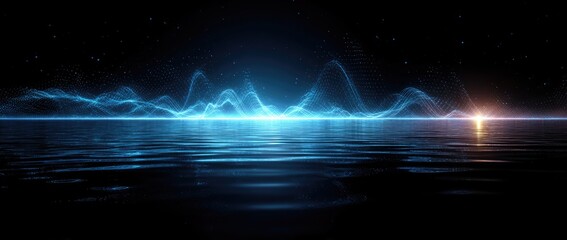 Abstract blue energy waves glow over dark, reflective water under a starry sky