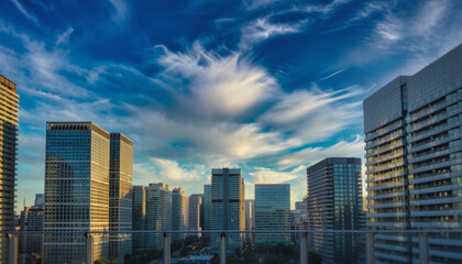 青空に映える日本の高層オフィスビル群の都市風景