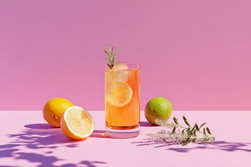 Vibrant citrus drink on a pastel background