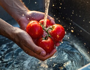 Close up Of Hands Washing Bright Red Vine Tomatoes Under Running Water In A Dark Sink With Sunlight Glinting On Water Droplets