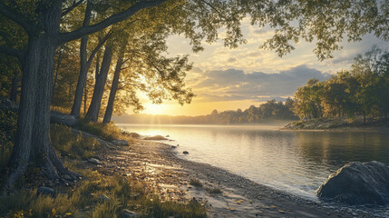 The sound of water lapping gently at the shore complements the rustling of trees. How does this peaceful ambiance make you reflect on life and your connection to nature?