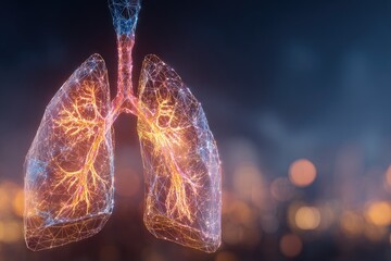 Glowing digital lungs, intricate network, abstract respiratory system