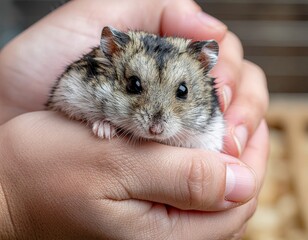 Close Up Of A Small Adorable Hamster Held Gently In Open Human Hands Outdoors With Soft Natural Lighting Showing Tiny Fur Details
