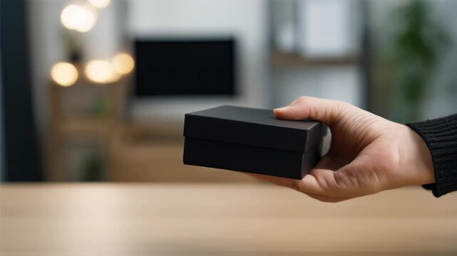 Hands offering closed matte black gift box, creating warm atmosphere and symbolizing generosity for special occasions and thoughtful presents