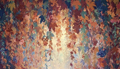 Autumn Leaves Canopy With Golden Sunlight Filtering Through A Textured Abstract Pattern In Various Colors
