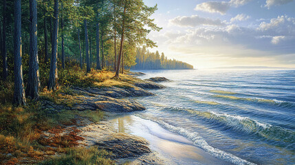 The sound of water lapping gently at the shore complements the rustling of trees. How does this peaceful ambiance make you reflect on life and your connection to nature?