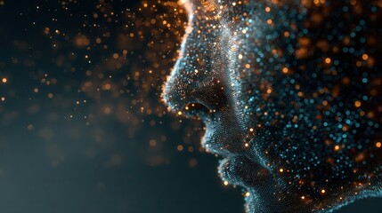 Mind Spark: An artistic visualization of a profile formed by glowing particles, embodying the essence of thought and inner self, a visual representation of consciousness.