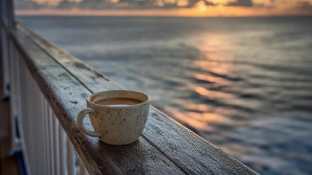 A speckled ceramic mug sits on a weathered wooden railing overlooking the ocean at sunset.