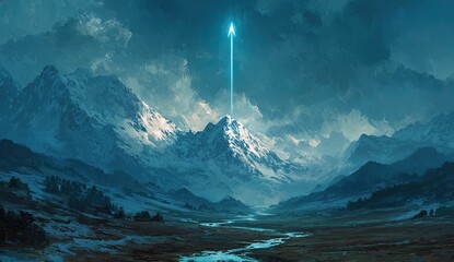 A glowing spire pierces the sky above a rugged, snow-capped mountain range