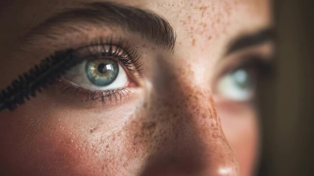 Close-up of a person applying mascara to their eyelashes.