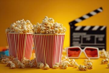 Popcorn in striped containers with movie props