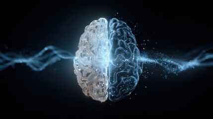 Brain's Dual Nature: An artistic rendering of the human brain, split in two, highlights the interplay between logic and creativity, symbolizing the vastness of human intellect.