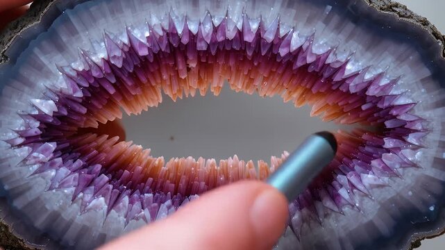 Detailed look at Amethyst Geode with stylus for detail and close up shots of the gem stone