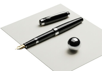 Sleek black lacquered fountain pen, gold nib, chrome paperweight, and cream stationery paper on a transparent studio background, 45-degree elevated view. Concept of luxury office accessories