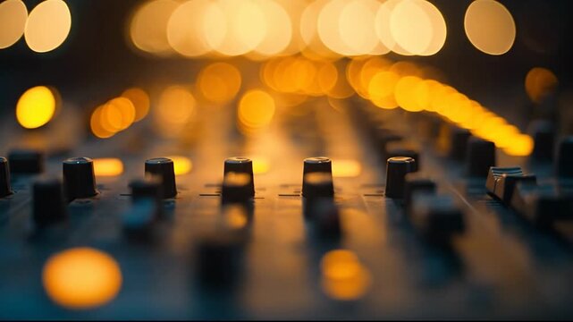 A close-up of a sound mixing console with warm bokeh lights.