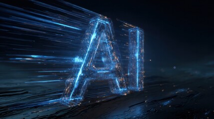 AI in Motion: A captivating display showcasing the dynamic nature of artificial intelligence, with the letters AI formed from luminous blue data streams.