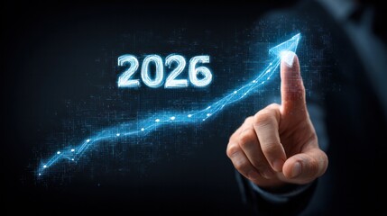Future of Growth: A visual representation of futuristic growth, highlighted by the year 2026, with a digital ascending arrow, showing optimistic projections and forward progress.