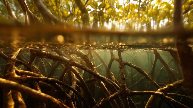 Serene Underwater Ecosystem Mangrove Roots Illuminated by Golden Sunlight, Showcasing Natures Beauty in Stunning View