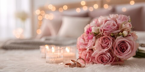 A romantic wedding scene with roses, candles, and rings on a bed