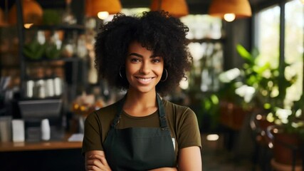 A joyful barista stands with her hands crossed, ready to serve at a coffee shop counter. Her warm smile adds a welcoming vibe to the cozy cafe environment.