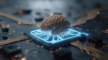 Brain and Chip Fusion: A captivating depiction of innovation and intellect, featuring a human brain elegantly integrated with a high-tech computer chip.