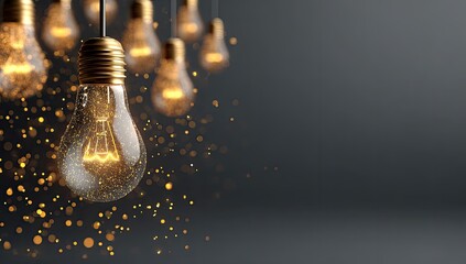 Glowing filament in a glass bulb with sparkling particles, suspended