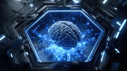 Digital Brain: A captivating depiction of a digital brain, glowing with electric energy, enclosed within a high-tech hexagon frame, symbolizing the fusion of technology and human intelligence.