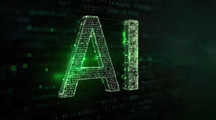 AI Technology in Digital Matrix: The glowing letters AI illuminate against a backdrop of complex binary code, embodying the dynamic realm of artificial intelligence and digital innovation.