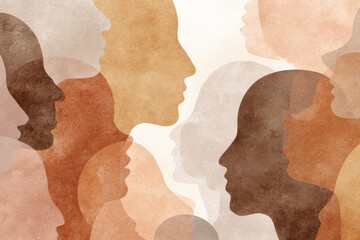 Overlapping silhouettes of diverse human profiles in warm earth tones